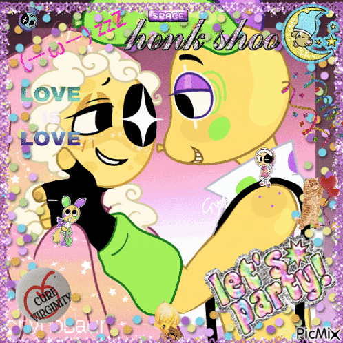 a picture of two cartoon characters with the words let 's party on the bottom right