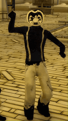 a cartoon character with a smiley face on his head is standing on a brick floor
