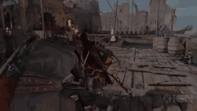 a man is standing on a wooden deck in a video game .