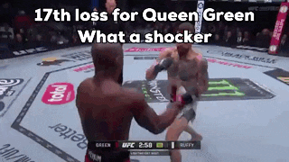 two men are fighting in a boxing ring and the words 17th loss for queen green what a shocker are on the screen
