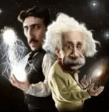 a cartoon of two men , tesla and albert einstein , holding lightning bolts .