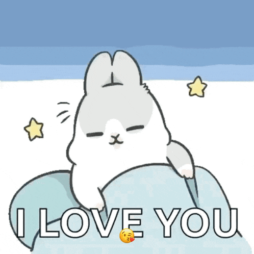 a cartoon of a rabbit laying on a bed with the words " i love you " above it