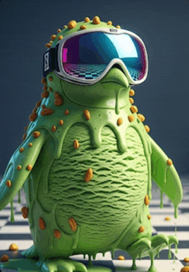 a green cartoon character wearing a pair of goggles with the letter b on them
