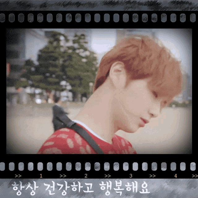 a film strip shows a man with red hair and korean writing on it