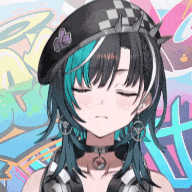 a girl with blue and black hair wearing a beret and choker