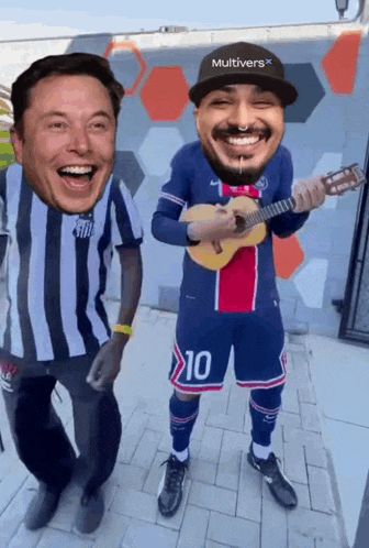 a man wearing a hat that says multivers stands next to another man playing a guitar