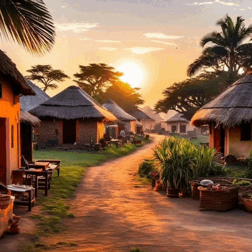 a row of thatched huts on a dirt road with the sun setting in the background