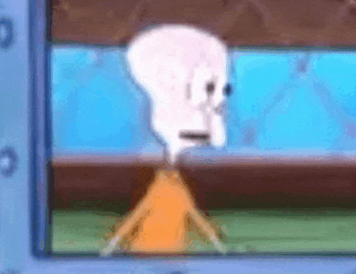 squidward from spongebob squarepants is standing in front of a window looking out .