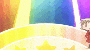 a cartoon character stands in front of a rainbow background
