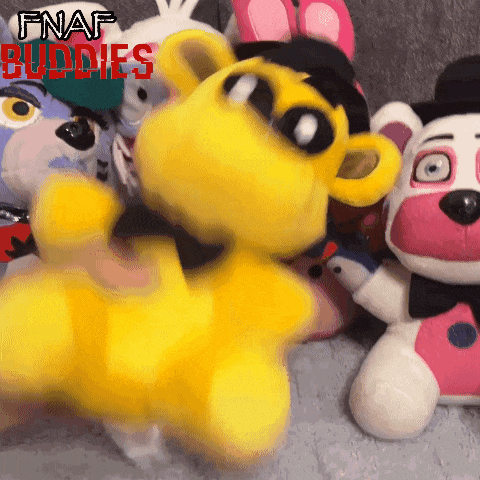 a bunch of stuffed animals with the words fnaf buddies on the top