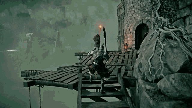 a person in a video game is standing on a dock