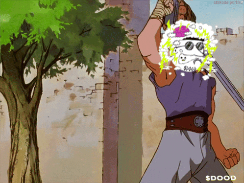 a cartoon of a man holding a sword with a skull on his head and the words $ dood below him