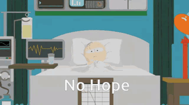 a cartoon character laying in a hospital bed with the words " no hope " written below him
