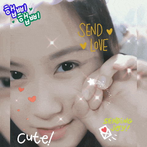 a girl 's face is surrounded by stickers including one that says cute