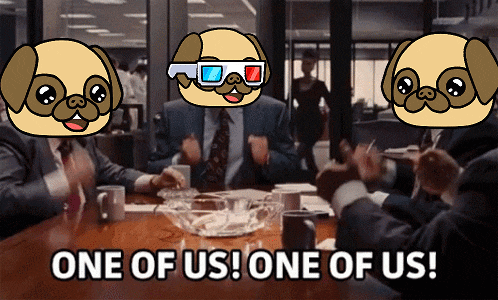 three pugs wearing 3d glasses are sitting around a table with the words one of us one of us written below them