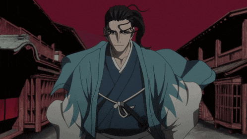 a man in a blue kimono with a sword around his waist