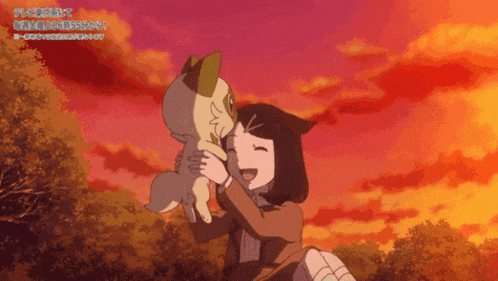 a cartoon of a girl holding a small animal with chinese writing on the bottom
