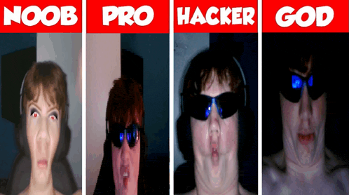 four pictures of a woman with the words noob pro hacker and god on them