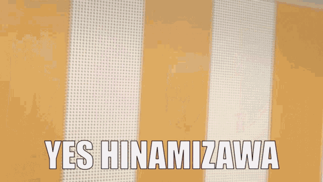 a close up of a woman 's face with the words yes hinamizawa written in white