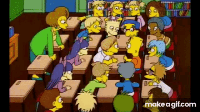 a group of cartoon characters are sitting at desks in a classroom talking to each other .