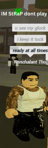 a cartoon character is holding a gun and says im strap dont play u see my glock