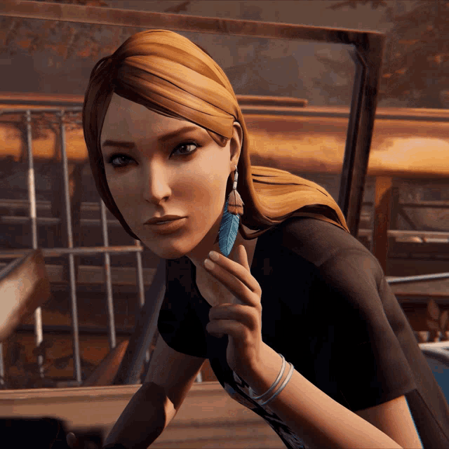 a woman in a video game is holding a feather in her hand