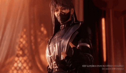 a video game character with the words yet lovers endure forevermore on the bottom right