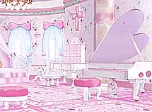 a pink and purple room with a piano , ottomans , and a bed .