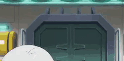a cartoon character is standing in front of a blue door in a room .