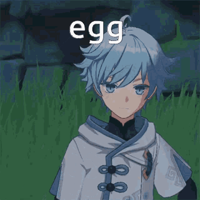 a cartoon character with blue hair and the word egg on his head