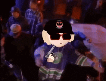 a cartoon character is holding a gun in a crowd of people