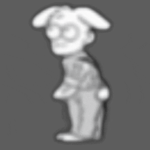 a black and white drawing of a cartoon character with bunny ears standing on a gray background .