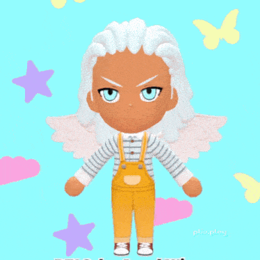 a cartoon character with white hair and yellow overalls is standing in front of a blue background with butterflies and stars