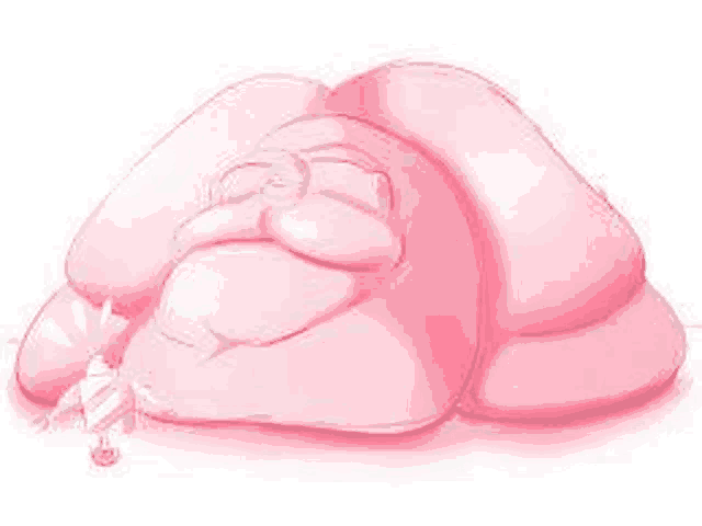 a pink cartoon character is laying down with his eyes closed and a candy bar in his mouth .