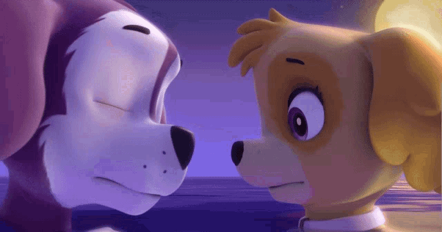 a couple of cartoon dogs looking at each other with their eyes closed