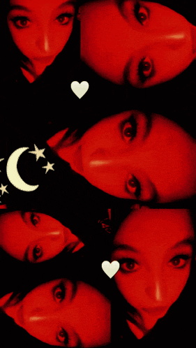a collage of a woman 's face with a heart and a crescent moon in the background