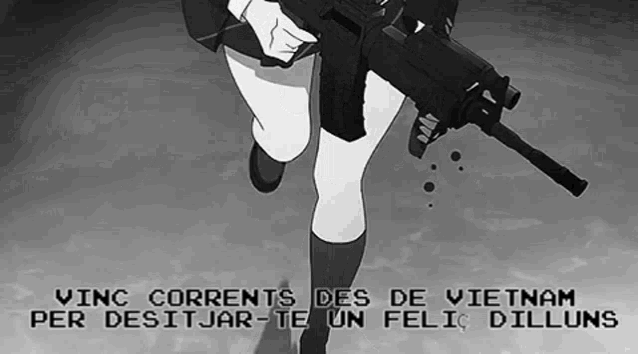 a black and white image of a girl holding a gun with the words vinci currents des de vietnam per desitjar
