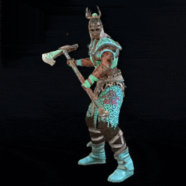 a statue of a man in armor holding a large axe on a black background .