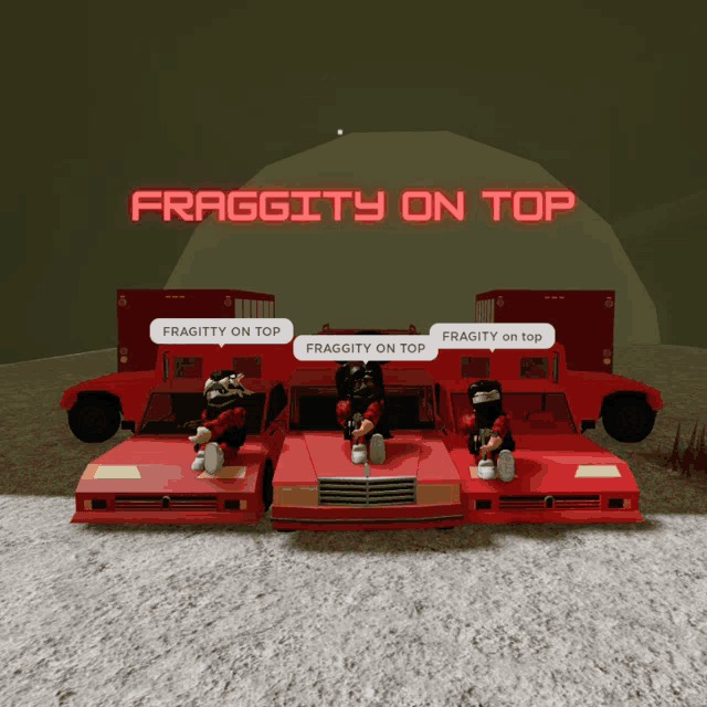 fraggity on top is displayed on a screen behind three red cars