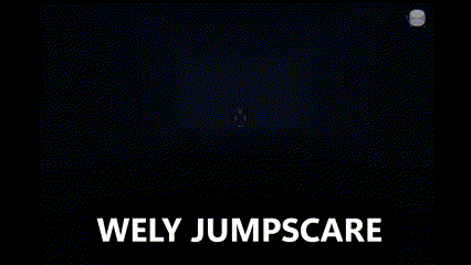 a close up of a person 's face with a big smile and the words wely jumpscare written below it .