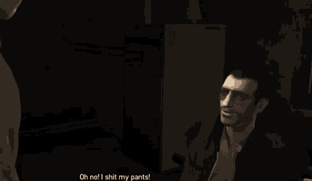 a man in a video game is talking about his pants