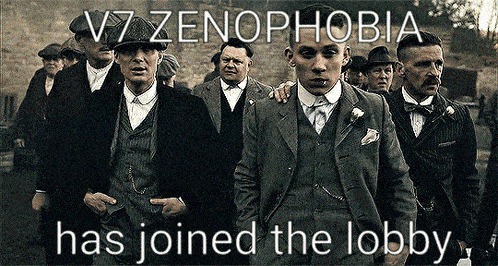 v7 zenophobia has joined the lobby poster with a group of men