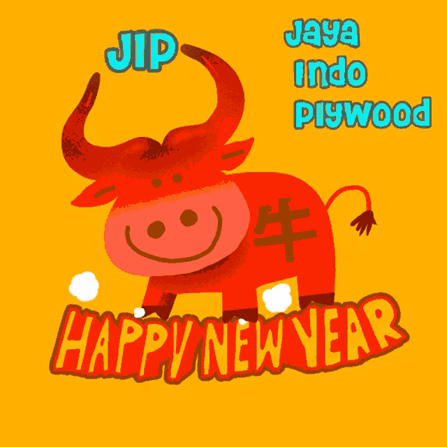 a happy new year greeting card with a bull blowing smoke