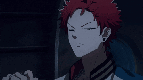 a cartoon character with red hair and blue eyes is pointing up