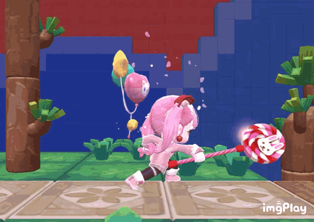 a girl in a pink outfit is holding balloons and a candy cane in a video game