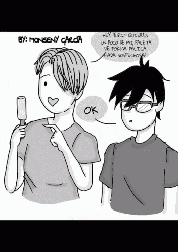 a black and white drawing of a man holding an ice cream bar and another man talking to him
