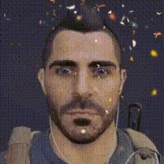 a close up of a man 's face with confetti falling from his head .