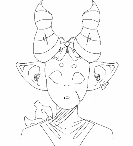 a black and white drawing of a demon with horns and a bow on her head .