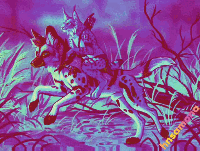 a colorful painting of a dog and a cat with the name masam on the bottom right