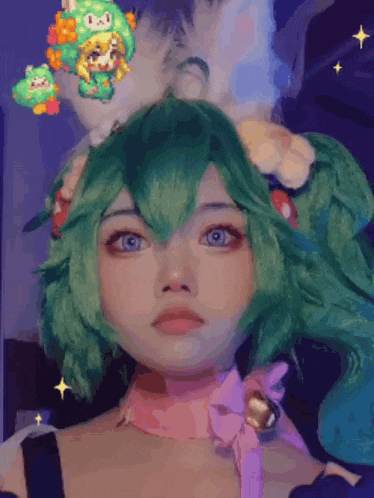 a girl with green hair and blue eyes is wearing a wig with a hat on it